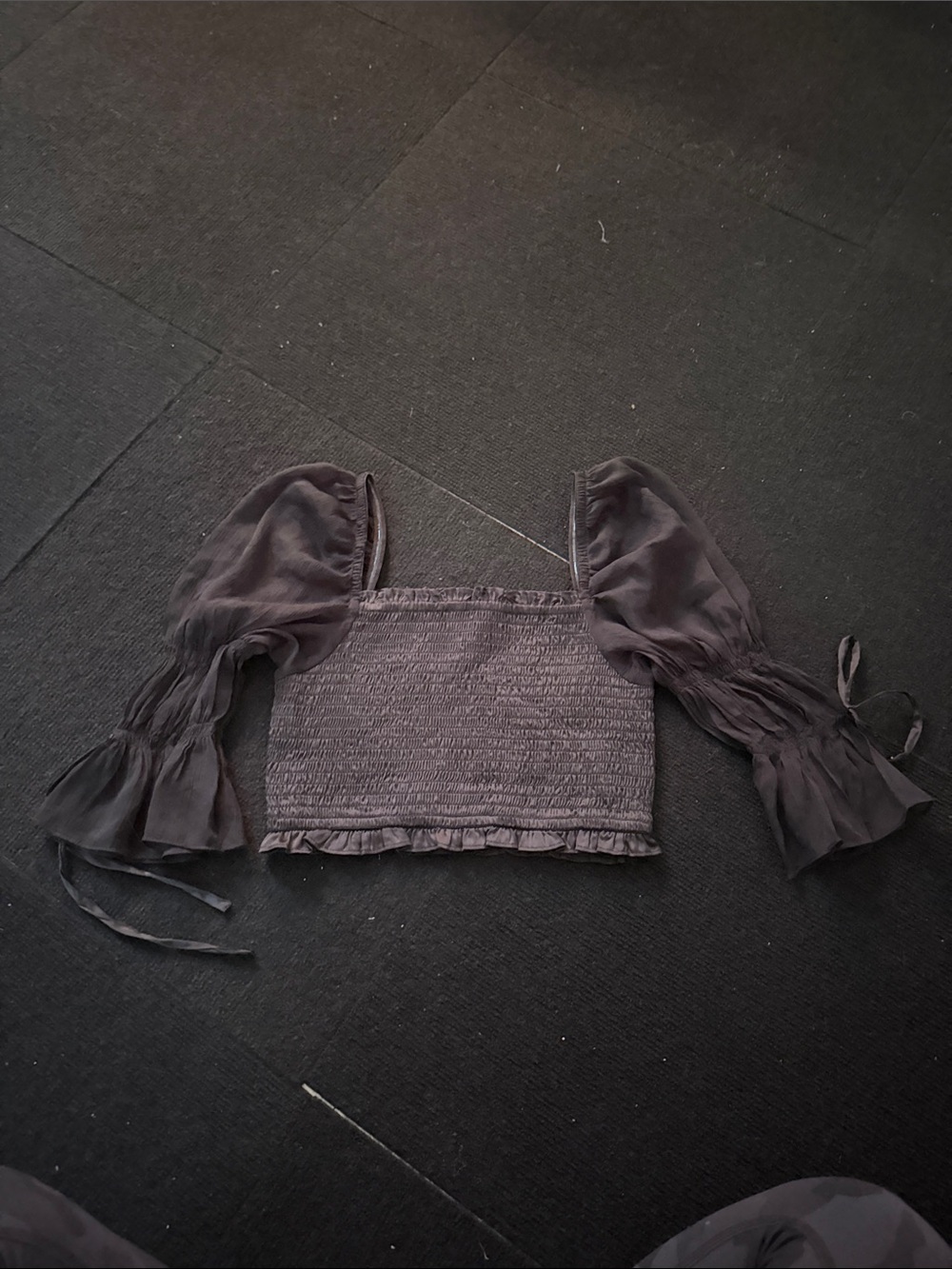 Urban Outfitters Charcoal Smocked Puff-Sleeve Crop Top